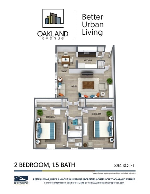 Floor plan for 2 beds, 1.5 baths, 894 sqft